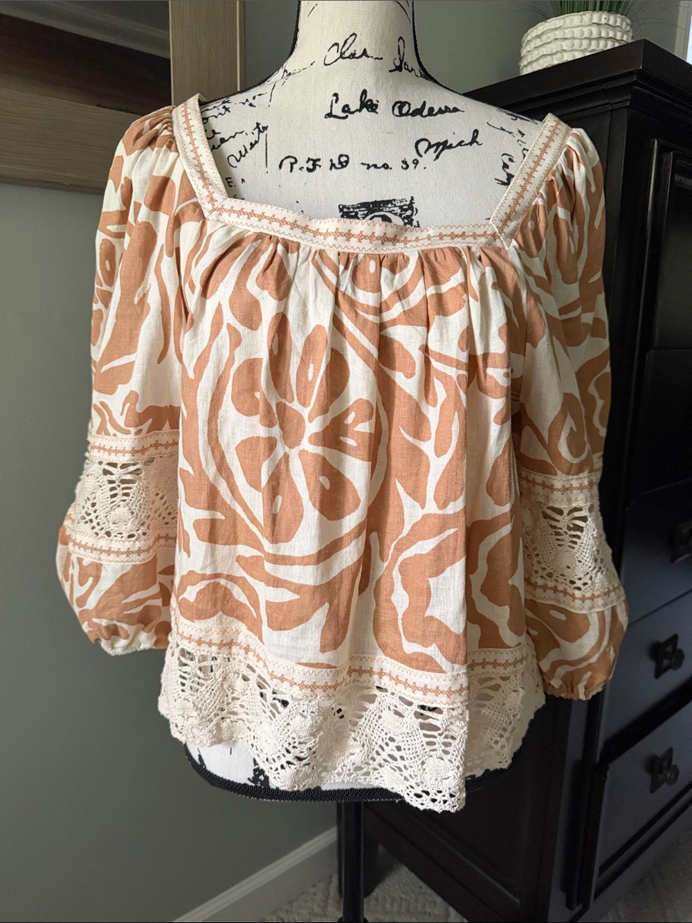 Boho Peasant Blouse in Cream and Taupe - Lightweight Women's Top